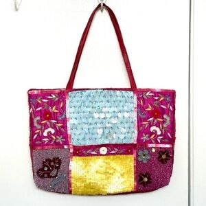 Christiana Mini Tote Fully Beaded & Embellished Bag Fuchsia Pink Gold EUC